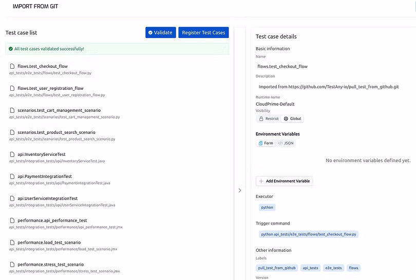 Git-based test script management in Testany